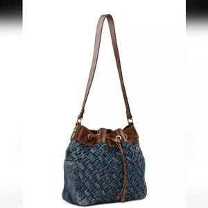 Patricia Nash Blue Woven Denim Shoulder Bag with Brown Leather Trim And Handle
